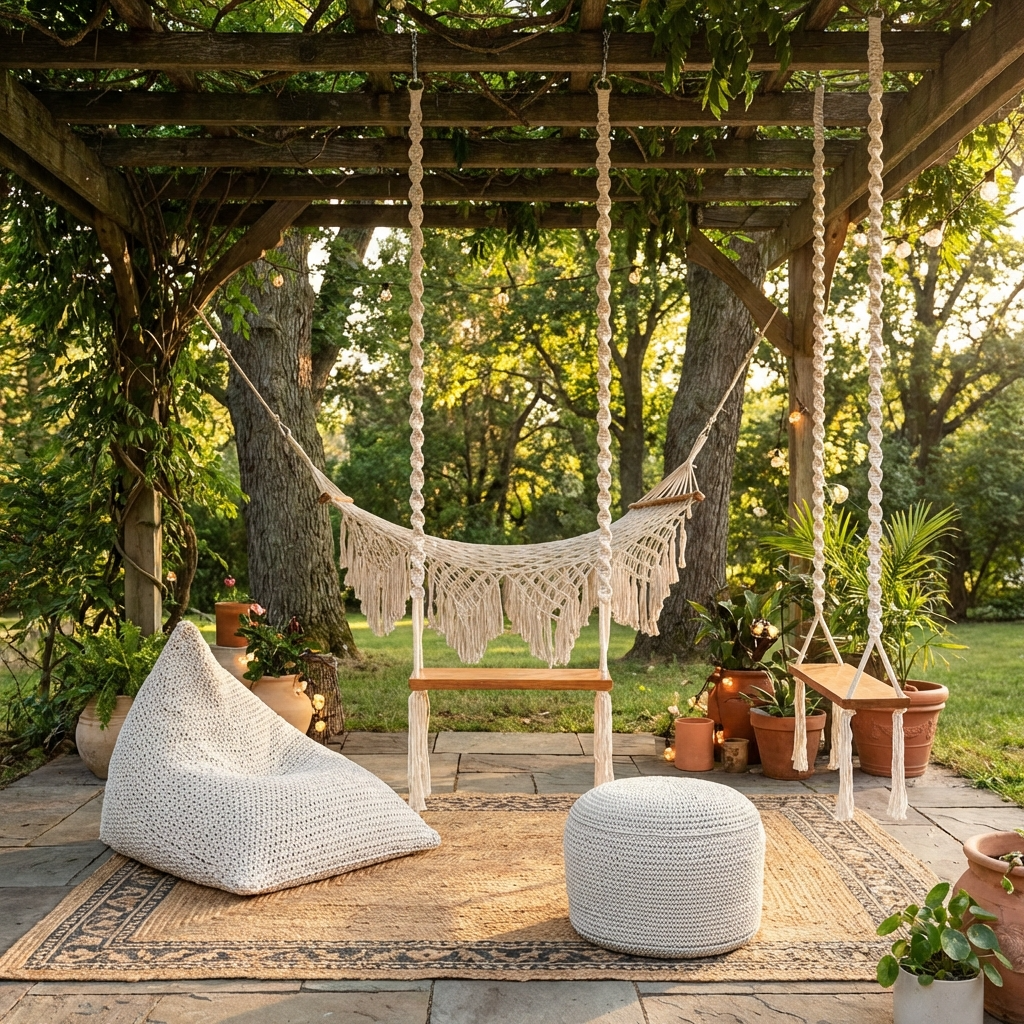 Outdoor patio with hammock, bean bag chair, and ottoman under a wooden pergola.