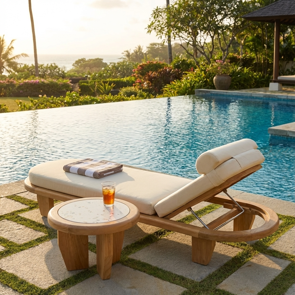 Outdoor lounge chair with a small table by a poolside