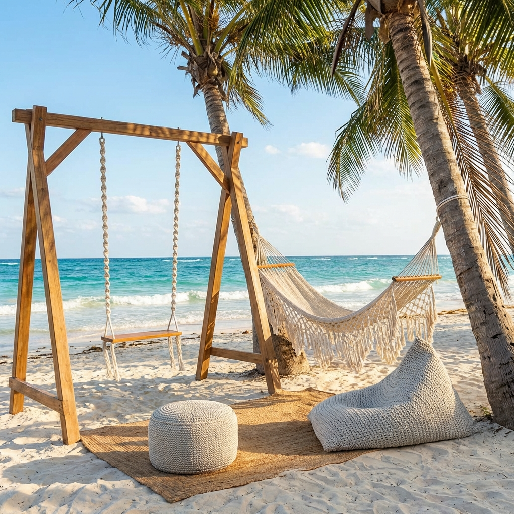Beach setting with hammock, swing, and bean bag chair under palm trees.