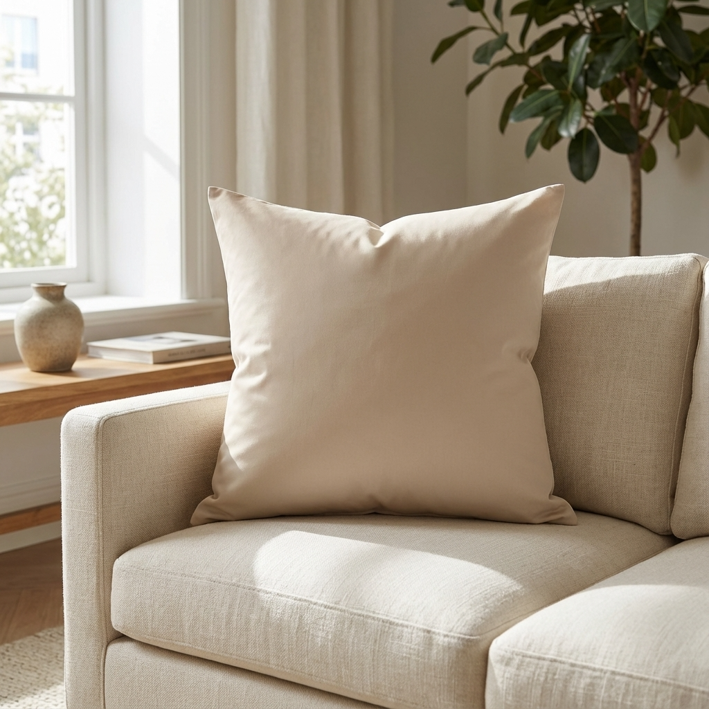 Beige pillow on a beige sofa in a living room with a plant and window in the background.