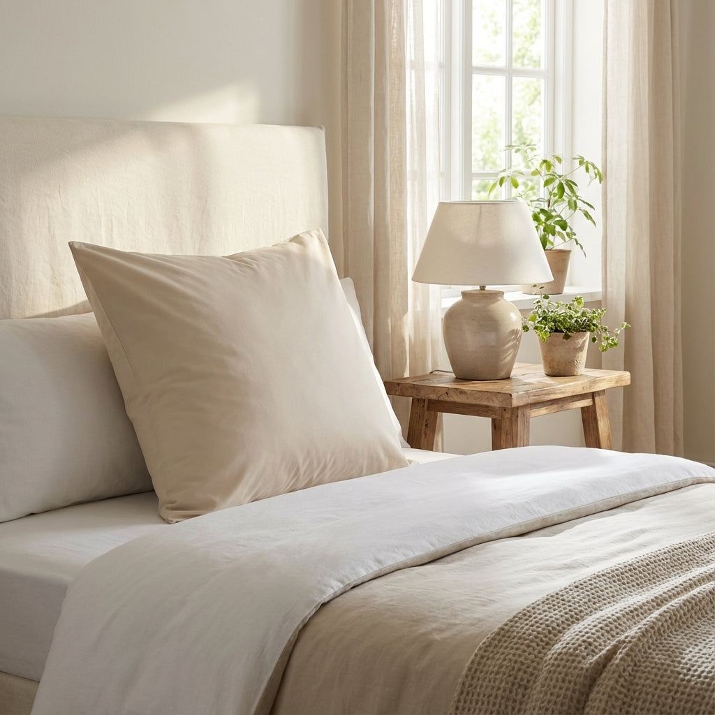 Neatly made bed with beige pillows and duvet in a softly lit bedroom.