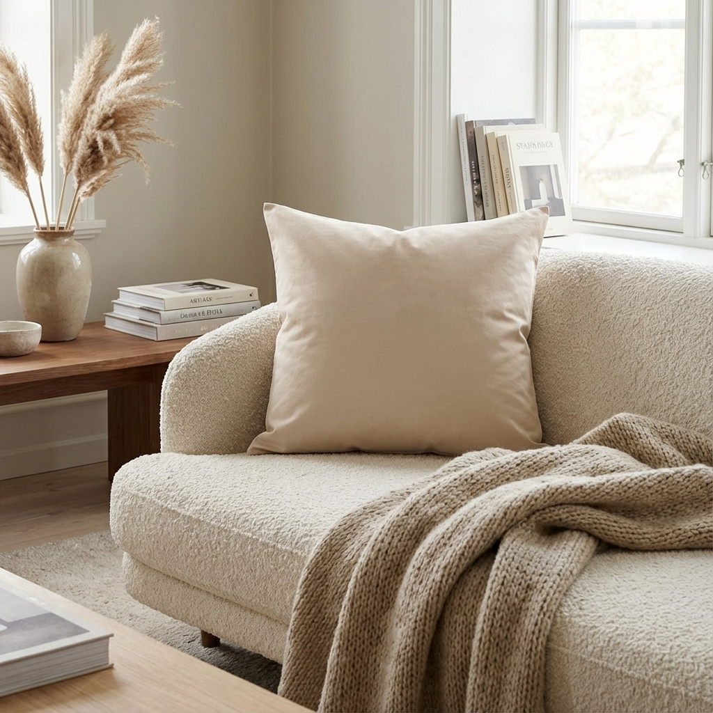 Cozy living room with a beige sofa, pillow, and blanket.