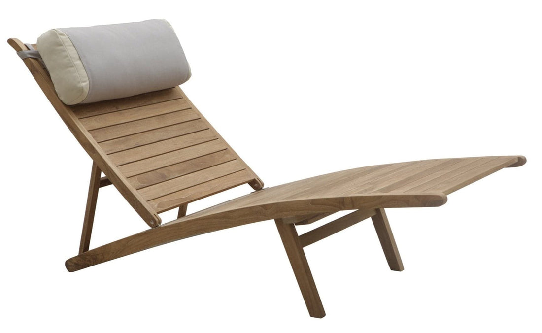 An adjustable wooden deck chair with a gray fabric headrest pillow, in a reclined position.