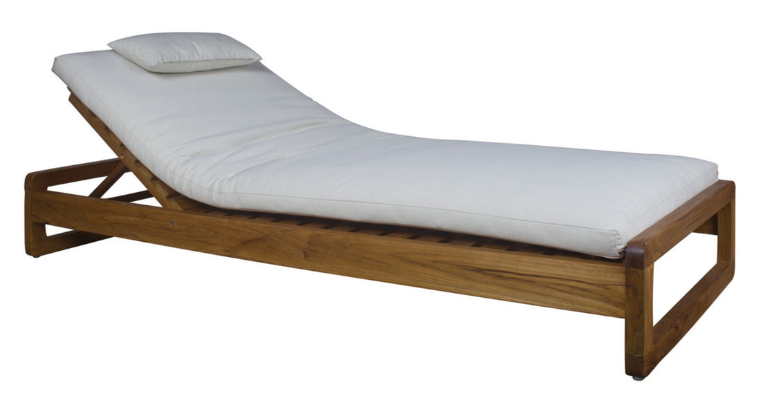 A white cushioned sunlounger with a teak wood slat structure.