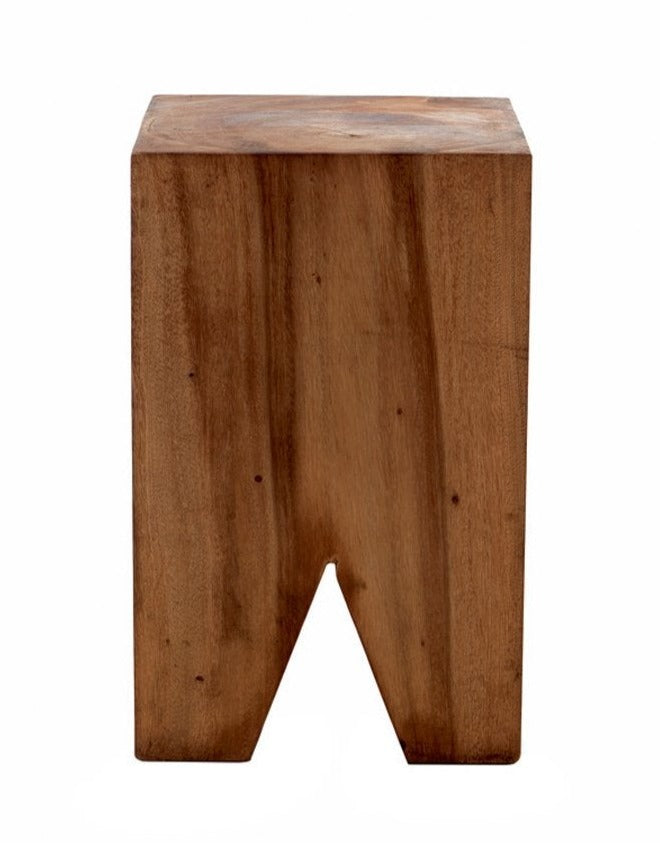A brown wooden stool with a simple, solid design suitable for various uses such as a side table or stool.
