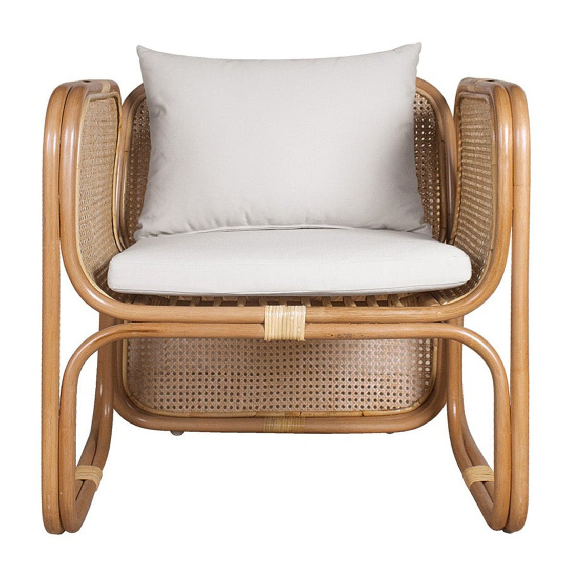 Armchair Capriccio in natural rattan with cushion, front view