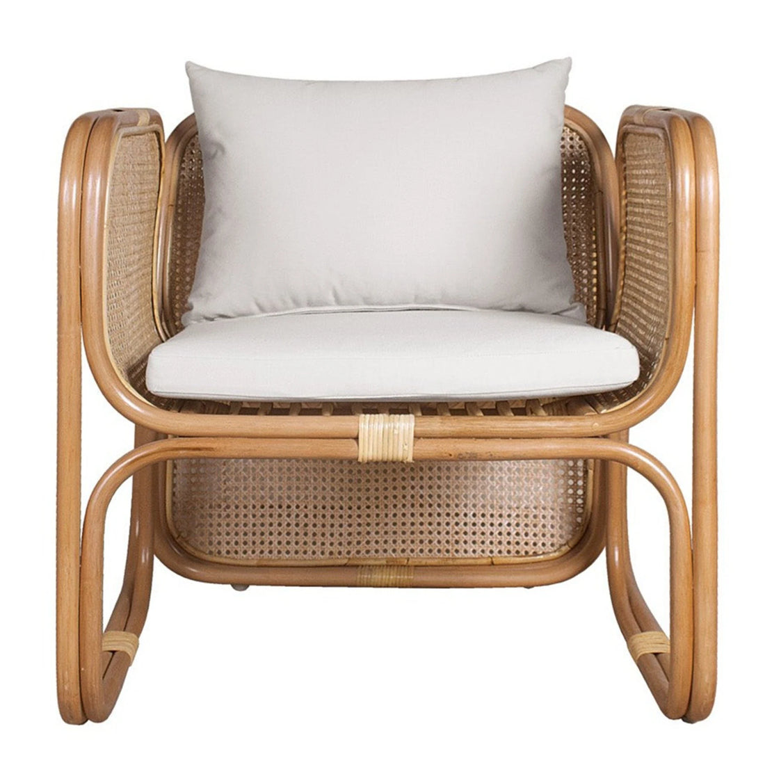 Wicker armchair with white cushion on a white background