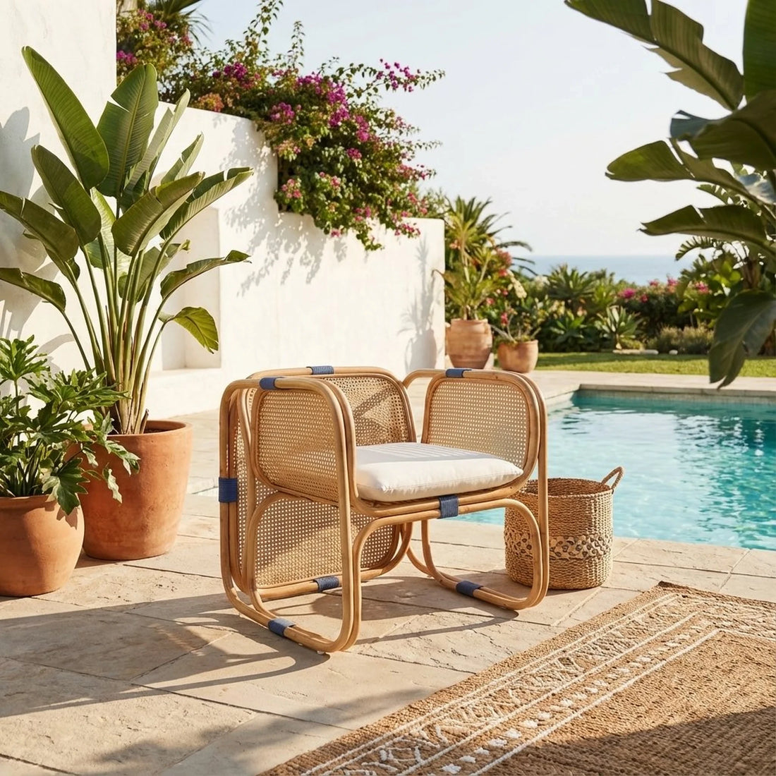 Armchair Capriccio styled outdoors by a pool with natural rattan frame, woven cane panels, and white cushion