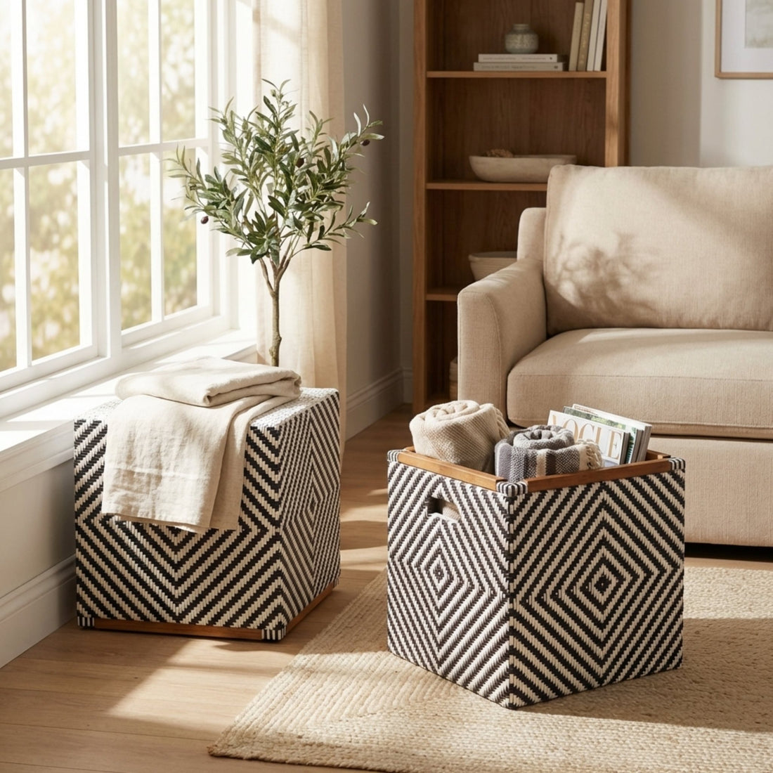 Basket Stool Cinema Dete styled in a warm indoor setting