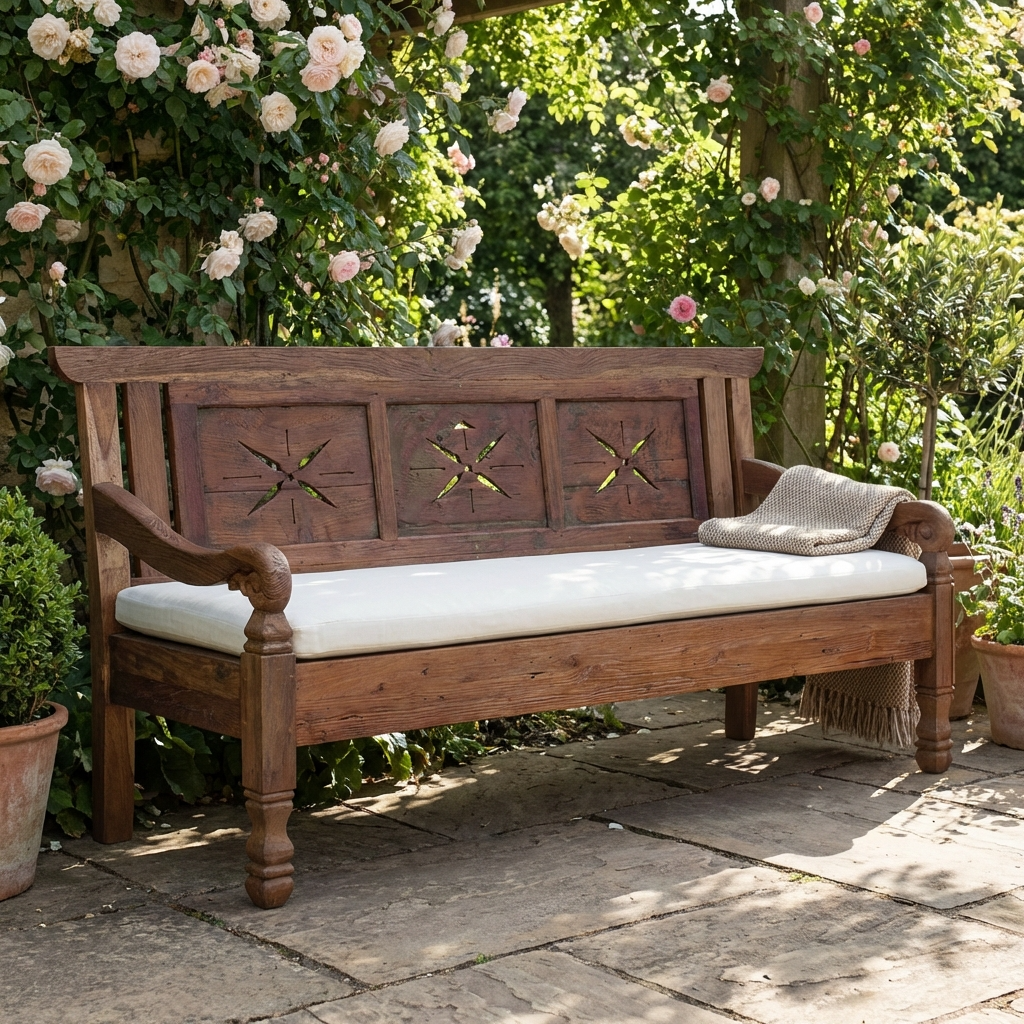 Wooden bench with white cushion in a garden setting with flowers and greenery.