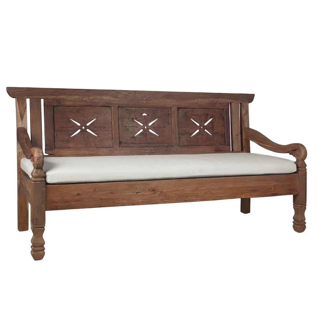 Wooden bench with decorative backrest 
