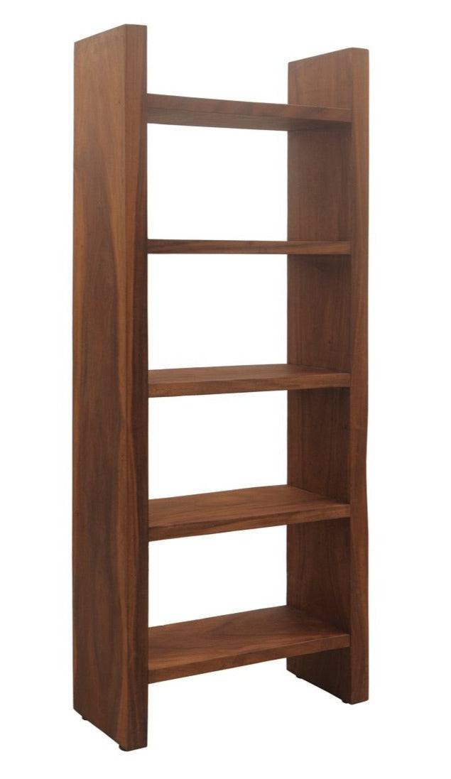 A wooden bookshelf with multiple shelves, crafted from Suar wood