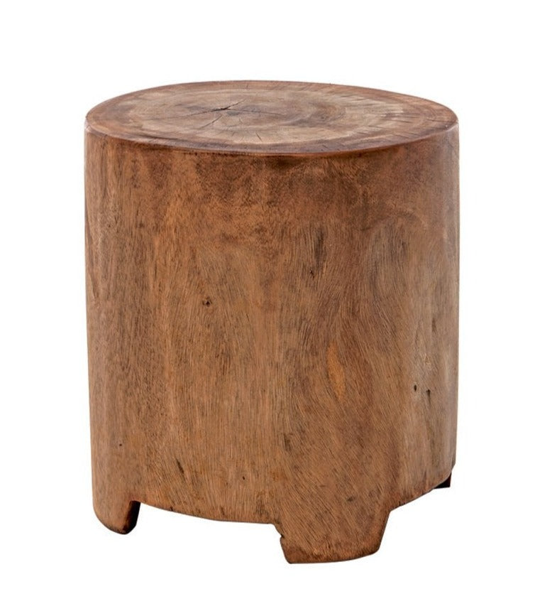 A round, wooden side table made of Suar wood with a natural grain pattern.