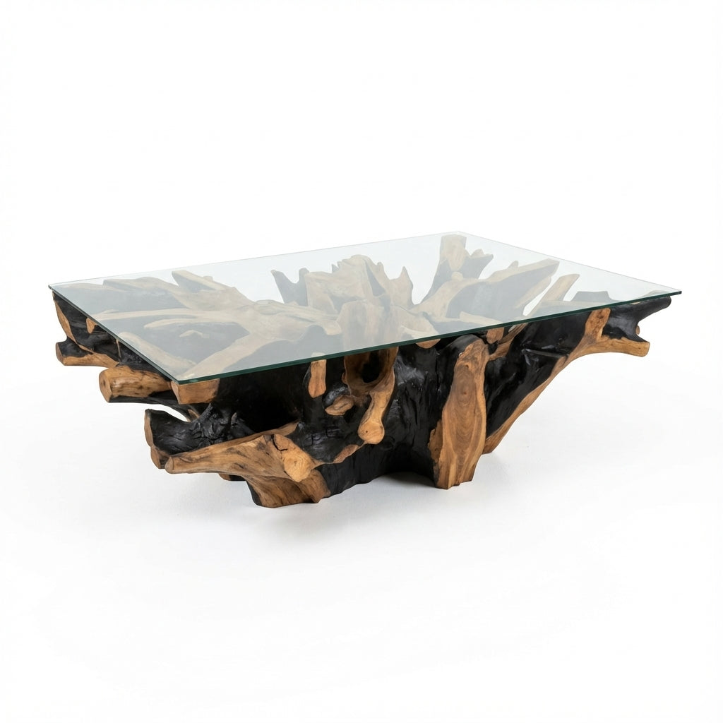 Glass coffee table with natural wood base on a white background