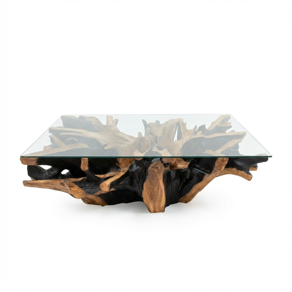 Glass coffee table with natural wood base on a white background
