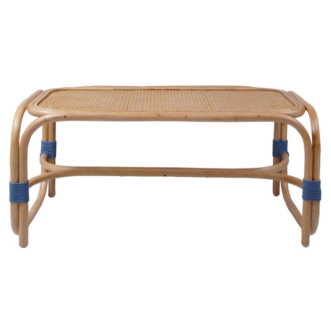 A rectangular coffee table with a beige rattan top and blue accents on the legs.