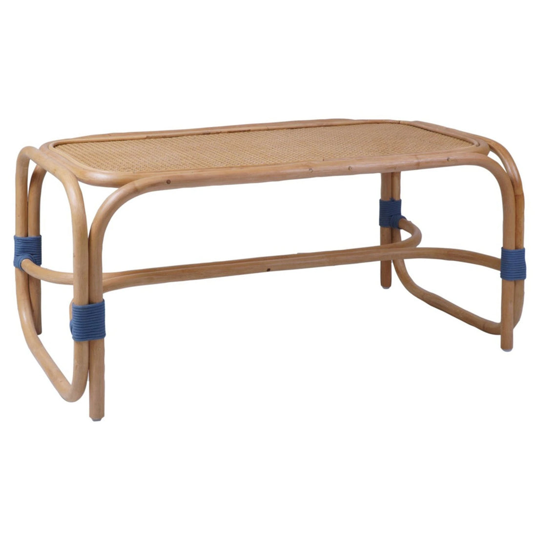 Coffee Table Capriccio in natural rattan with blue accent bindings and woven top on a light background