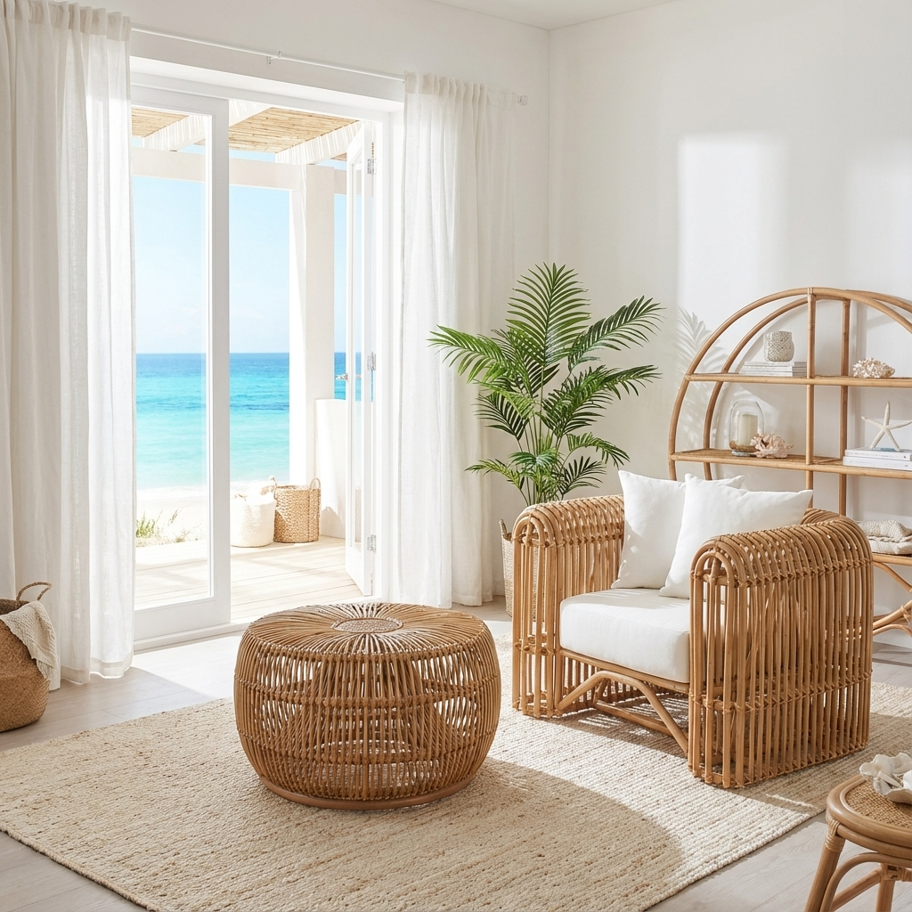 Living room with wicker furniture, a plant, and a view of the ocean.