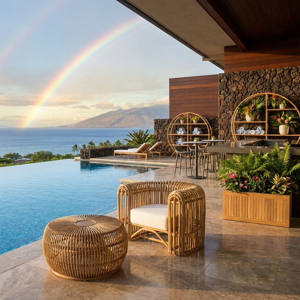 Outdoor patio with wicker furniture, pool, and ocean view with a rainbow.