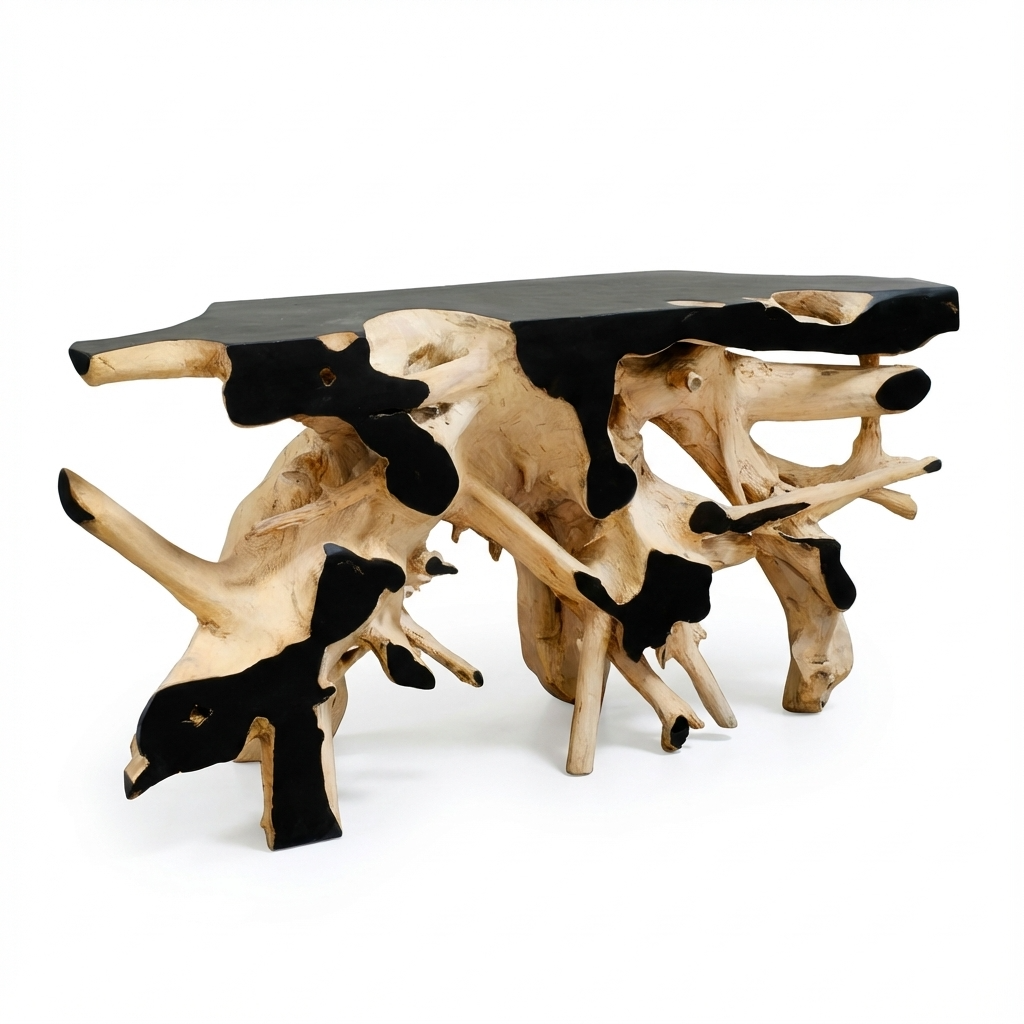 Wooden console table with black accents on a white background