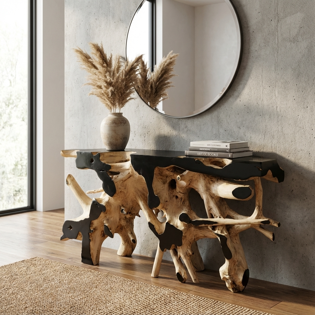 Wooden console table with natural finish in a modern interior setting.