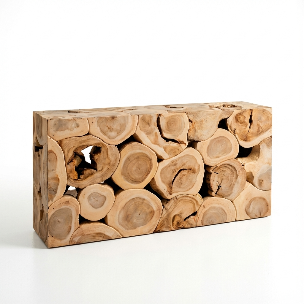 Wooden log holder made from stacked wooden logs on a white background