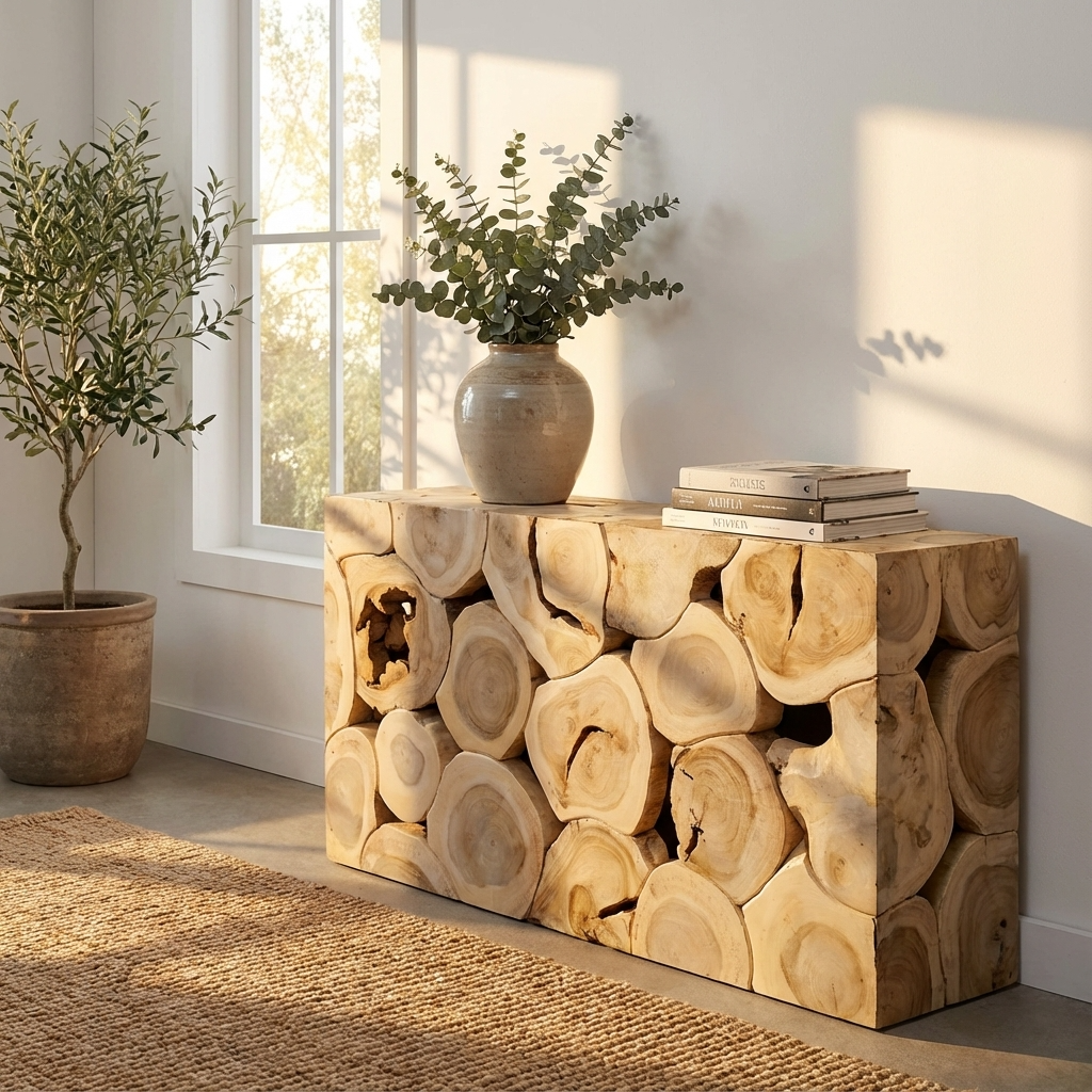 Wooden console table made of stacked logs in a room with a window and plants.