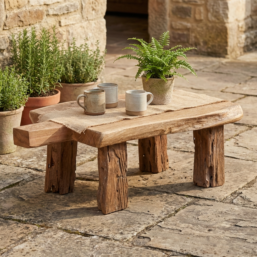 Wooden table with rustic legs on a stone patio, featuring potted plants and ceramic mugs.