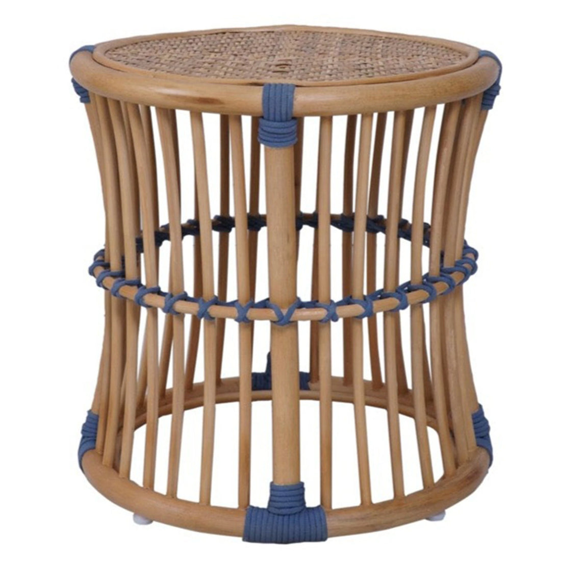 Drum Side Table Capriccio in natural rattan with blue accent bindings and round woven top on a light background
