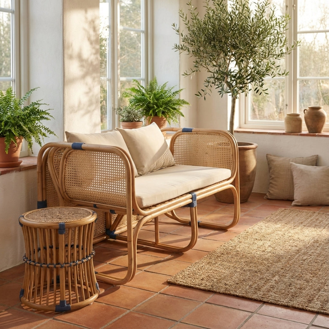 Drum Side Table Capriccio with blue accent wrap styled in an indoor setting