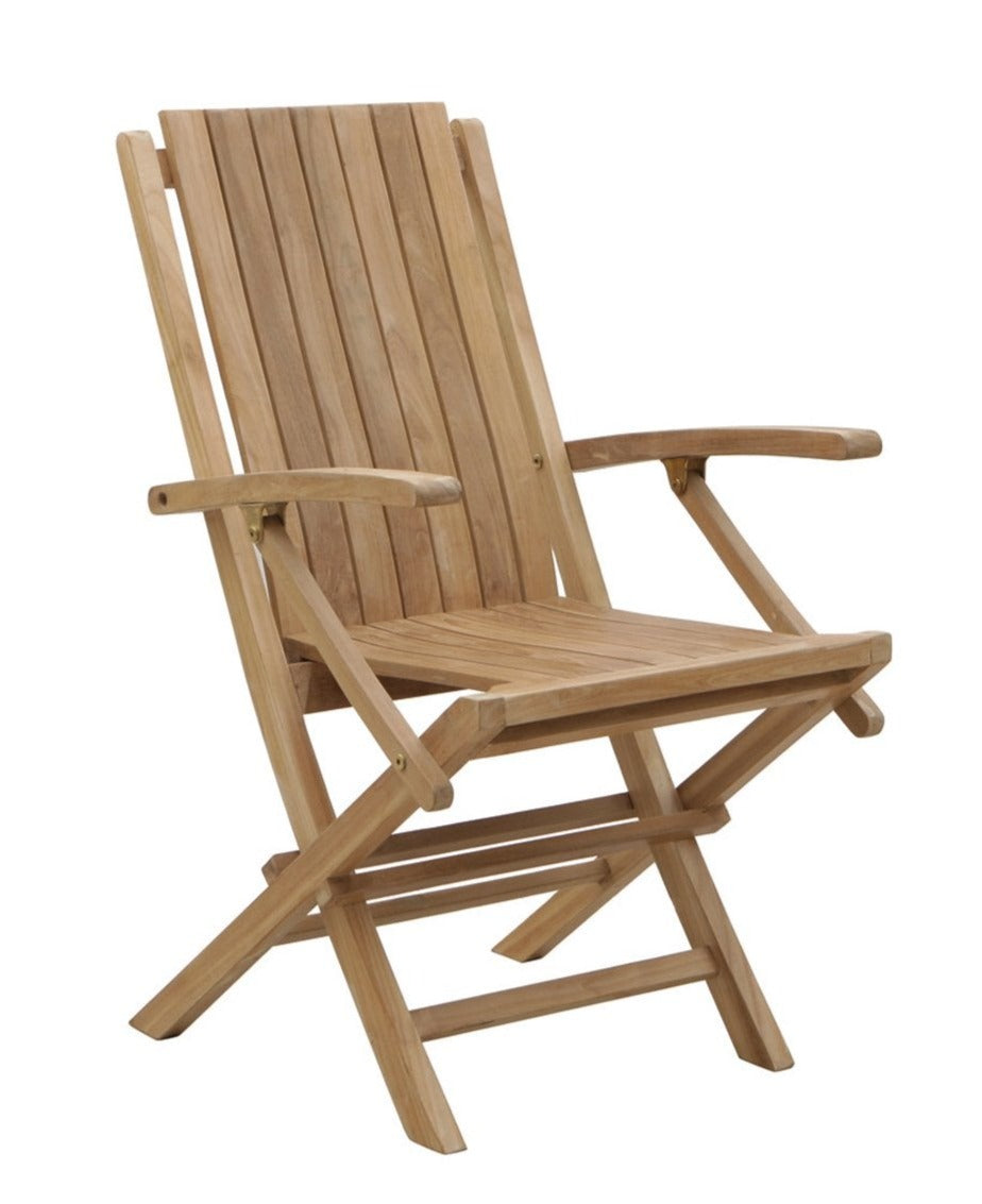 A folding wooden dining armchair with a natural wood finish.