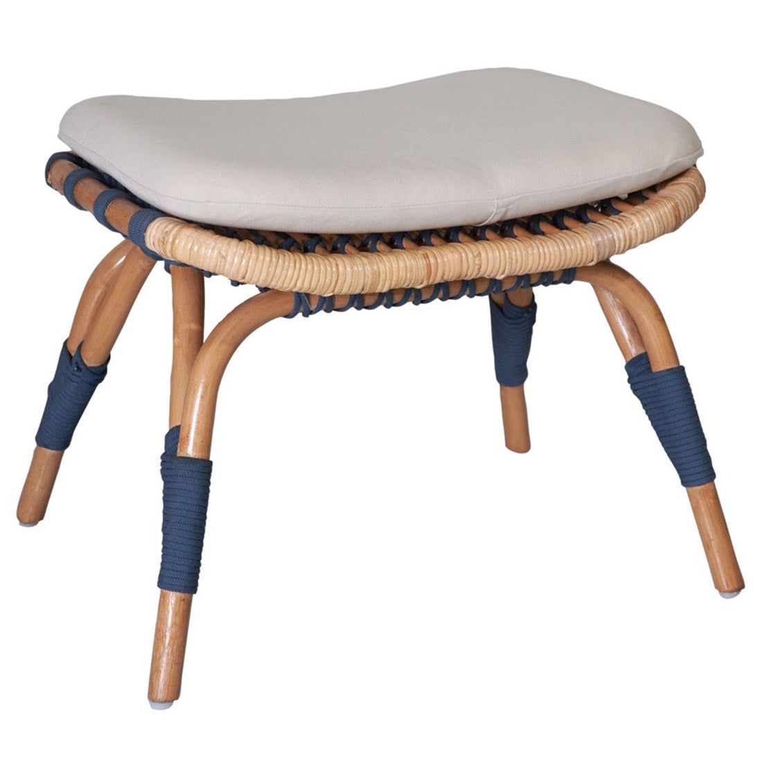 A round footstool with a beige cushion on top, featuring a rattan and wood frame with blue accents.