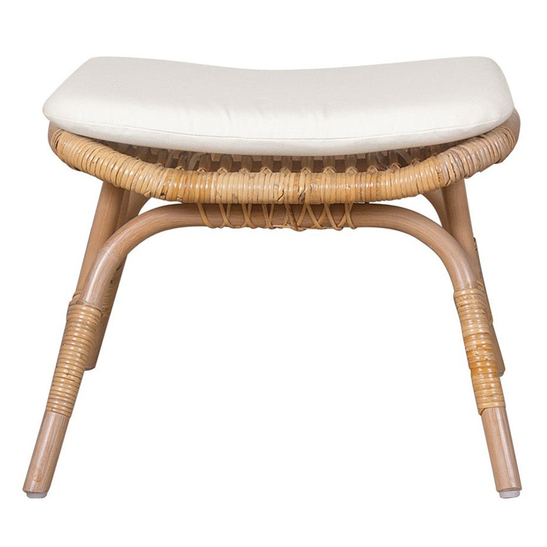 A round footstool with a beige cushion on top, featuring a rattan and wood frame.