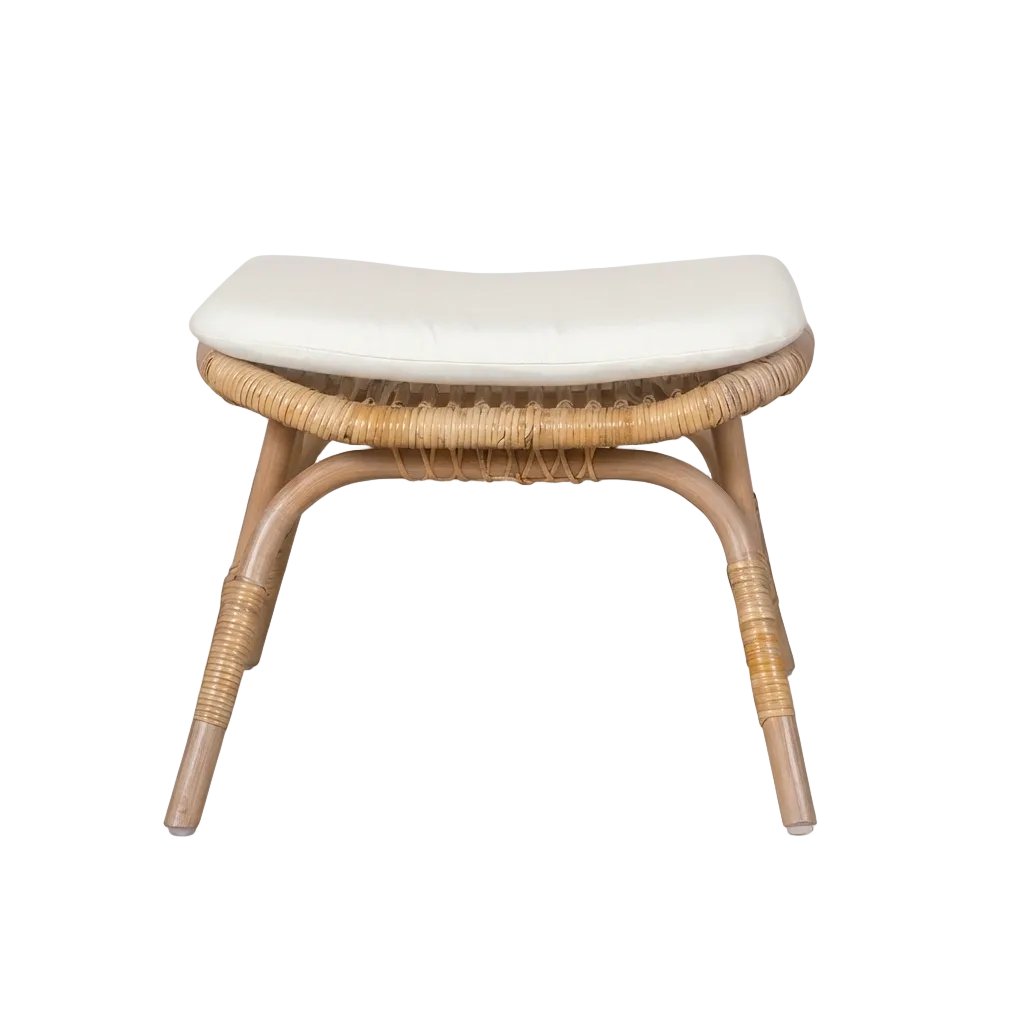Capriccio footstool in natural rattan with white cushion, front view