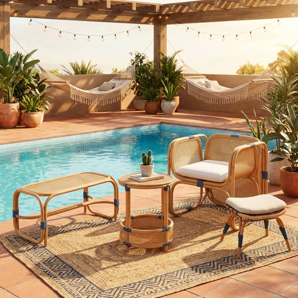 Outdoor patio area with pool, chairs, table, and plants on a sunny day.