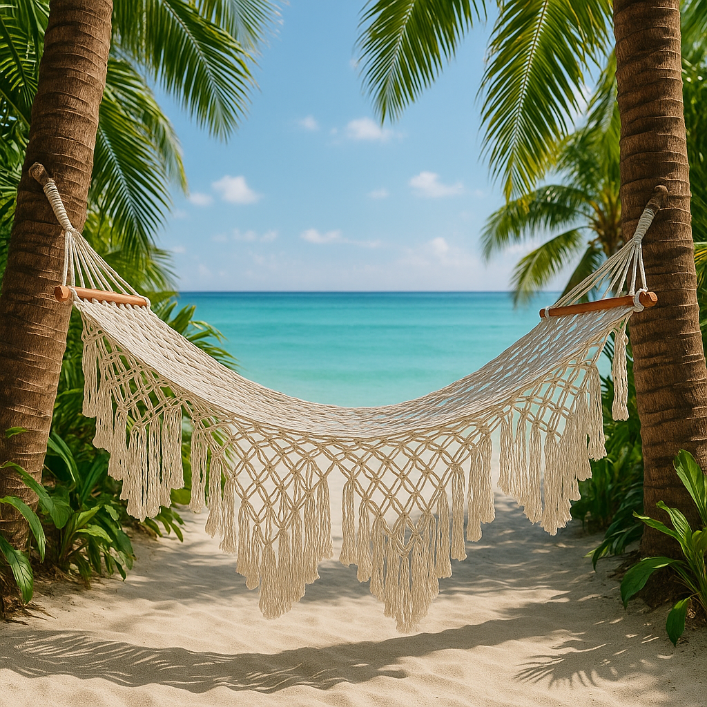 Hammock between two palm trees on a tropical beach with clear blue water and sky.