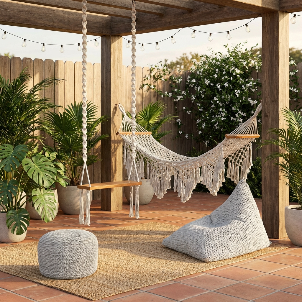 Outdoor patio with hammock, swing, and bean bag chairs surrounded by plants.