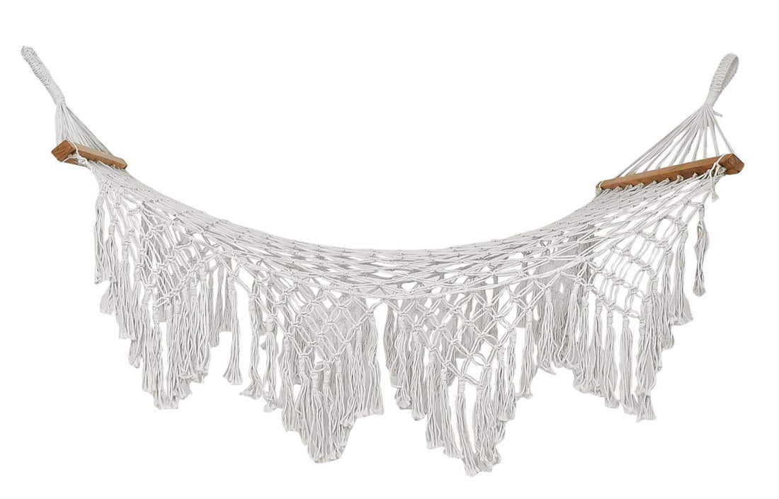 White macrame hammock with wooden bars on a white background