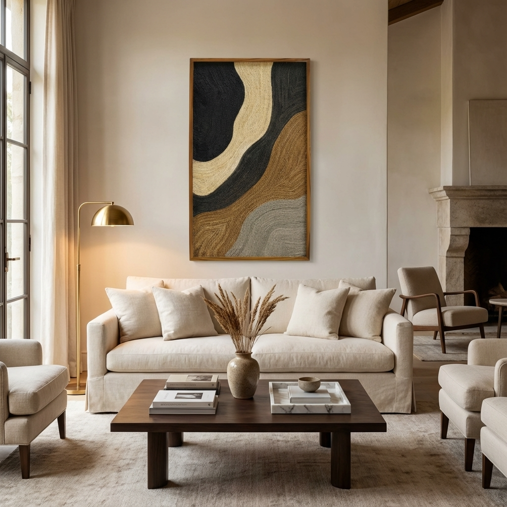 Modern living room with beige sofa, wooden coffee table, and abstract art on wall.