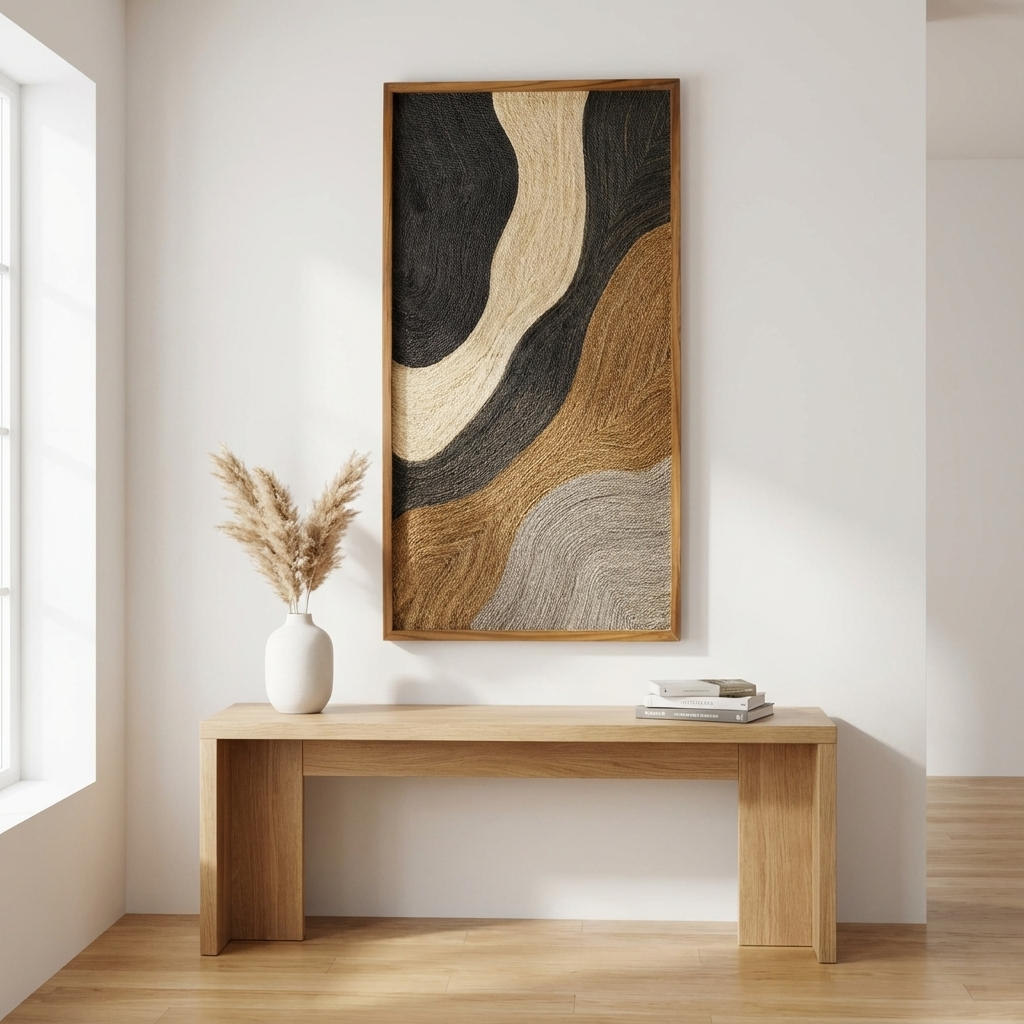 Wooden console table with a vase and abstract wall art in a bright room.