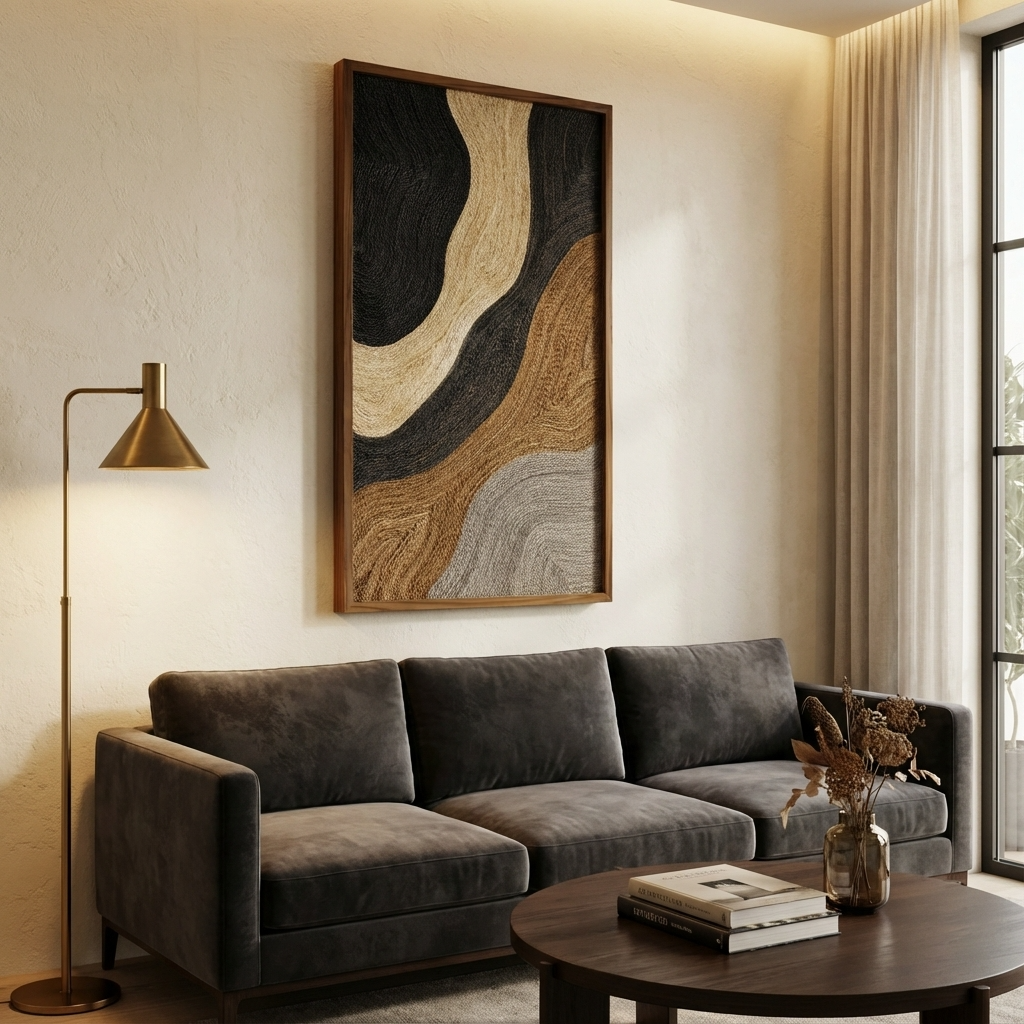 Modern living room with gray sofa, round wooden coffee table, and abstract wall art.