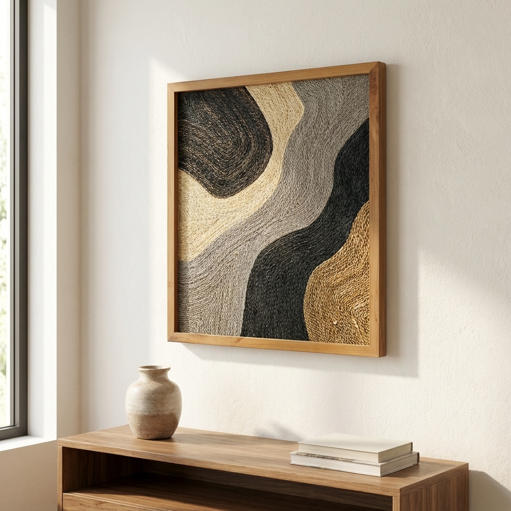 Abstract art piece in a wooden frame on a wall above a wooden console table with a vase and books.