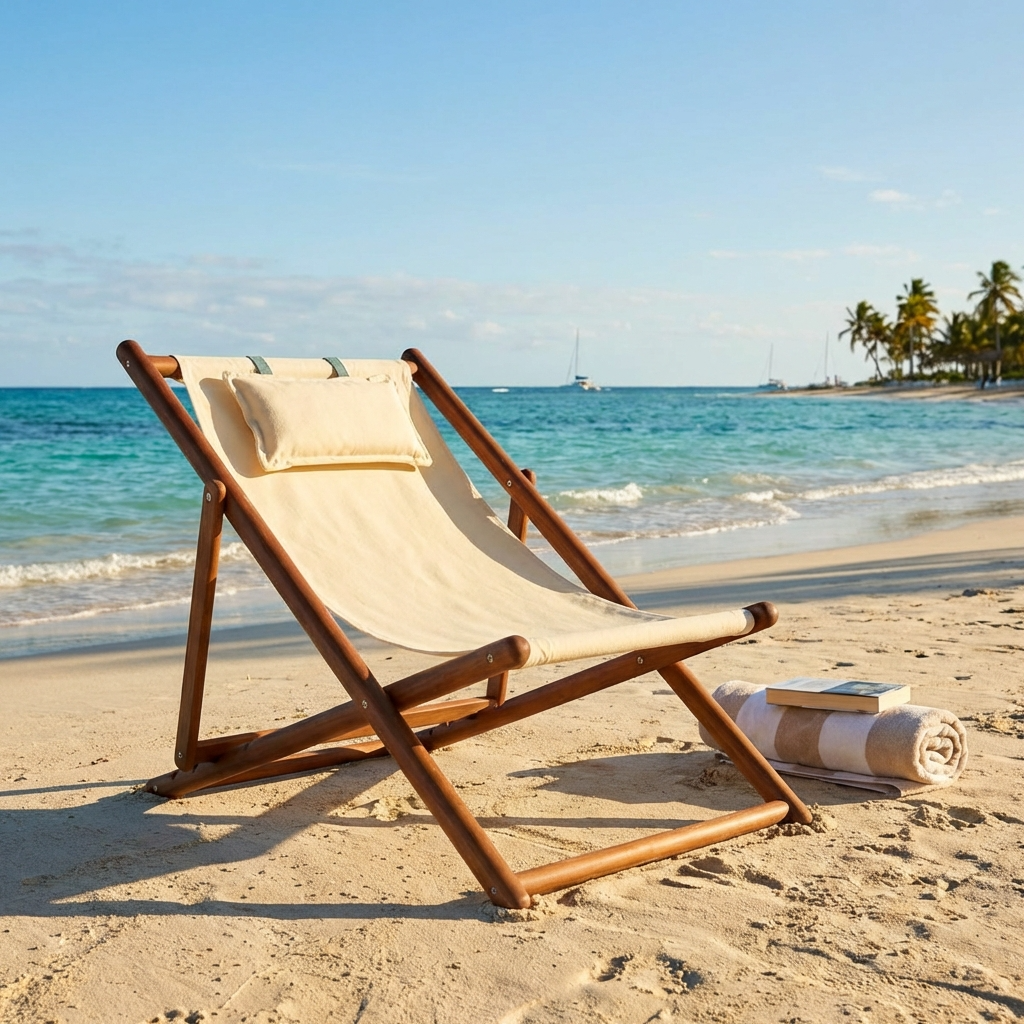 Lignes adjustable wooden deck chair with fabric sling on a tropical beach, lounge seating