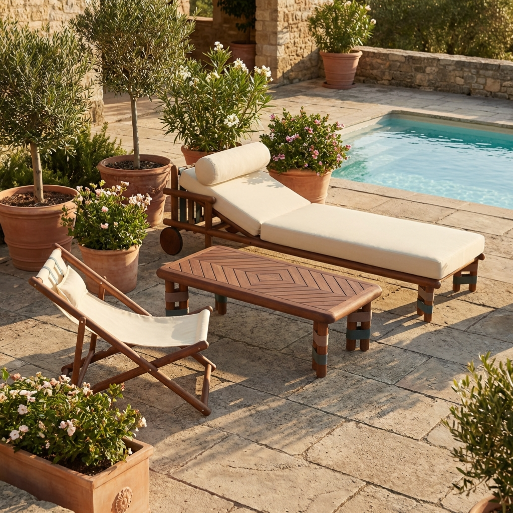 Lignes Collection lounge furniture set with sunlounger, deck chair, and coffee table by the pool
