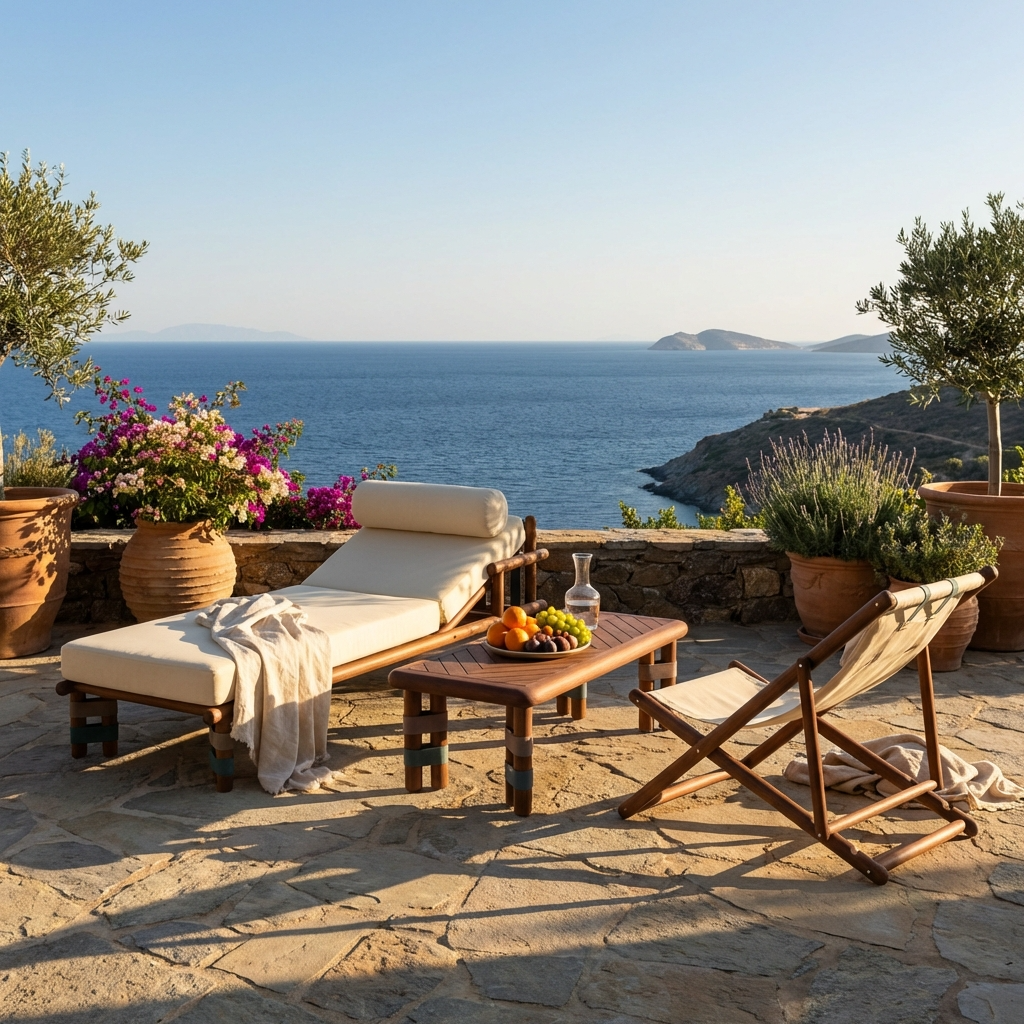 Lignes Collection lounge furniture set with sunlounger, deck chair, and table overlooking the sea