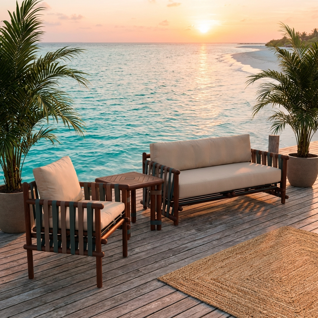 Lignes Collection seating set with wooden sofa, armchair, and side table overlooking the sea at sunset