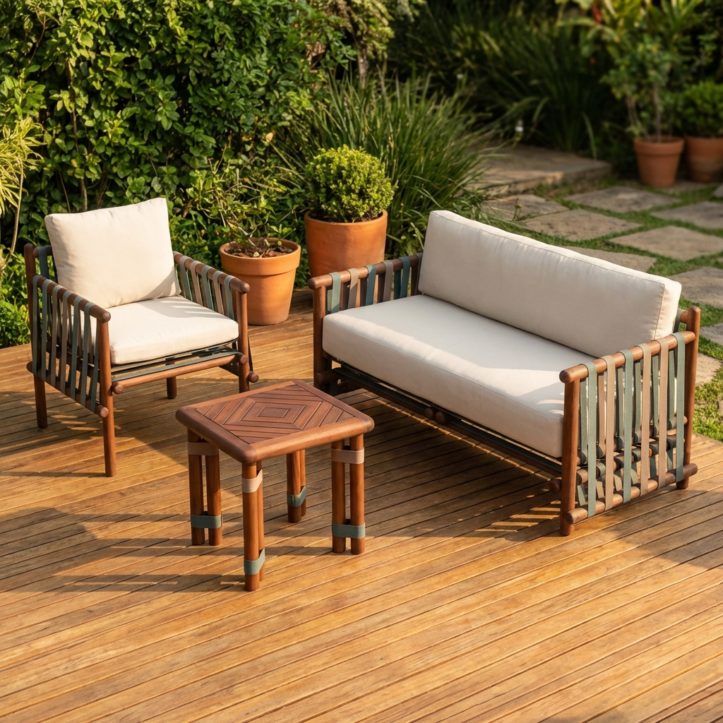 Lignes Collection seating set with wooden sofa, lounge chair, and coffee table on a garden deck