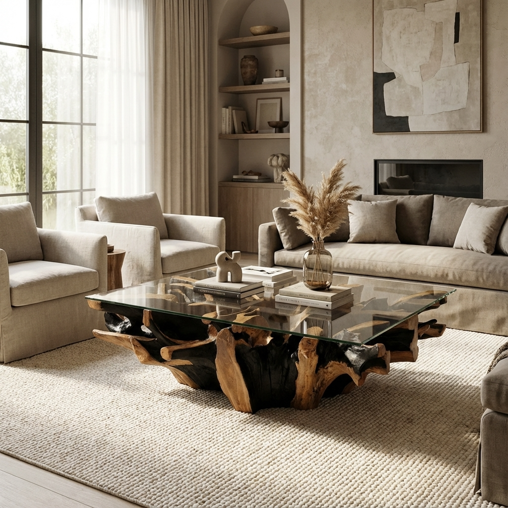 Modern living room with a glass coffee table and neutral decor
