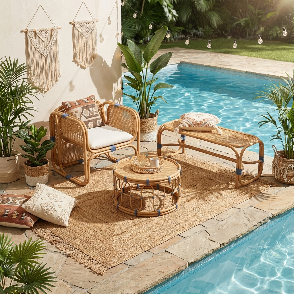 Outdoor patio area with wicker furniture, plants, and a pool.