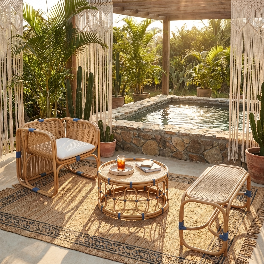 Outdoor patio with wicker furniture, table, and plants by a pool.